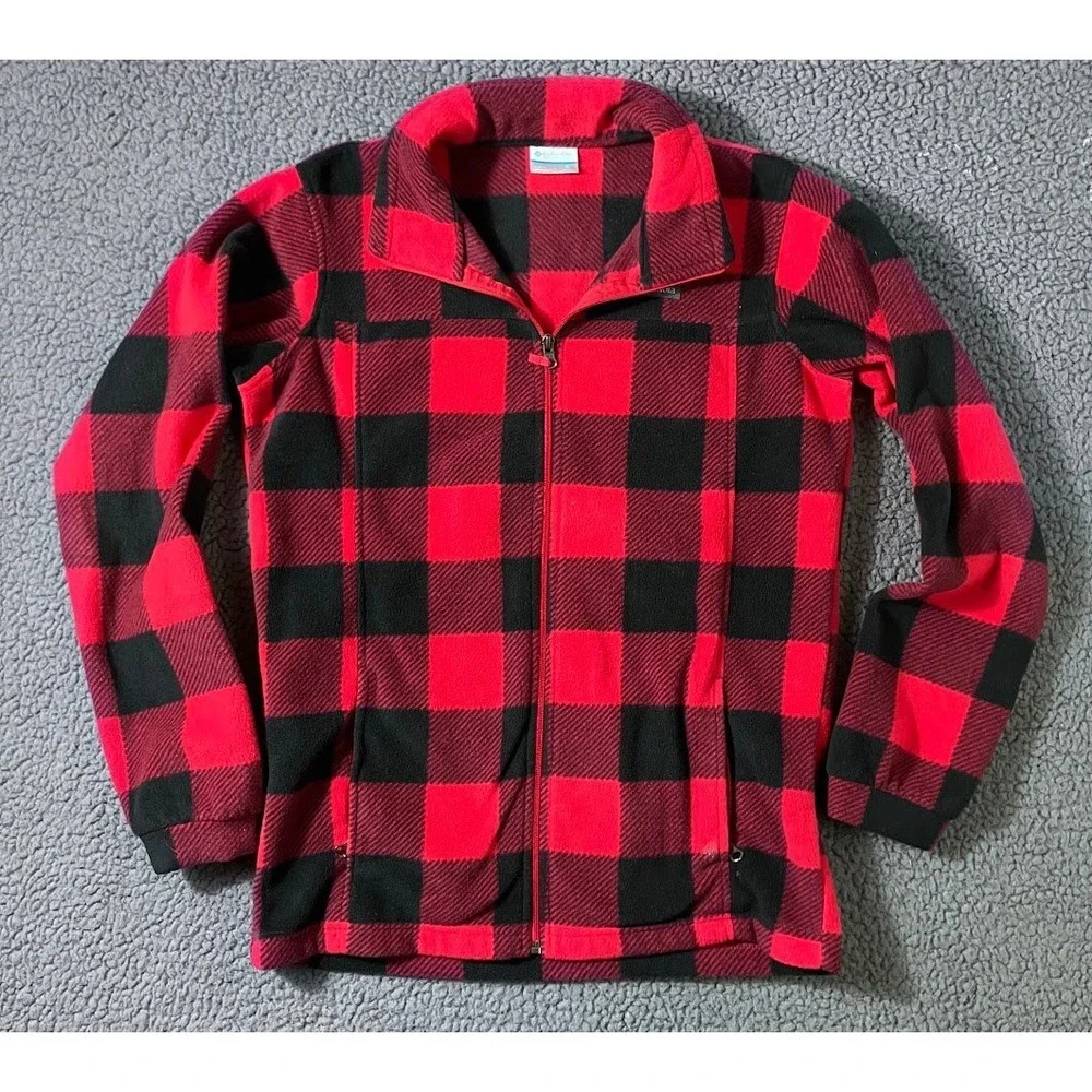Columbia Red Black Buffalo Plaid Full Zip Fleece Jacket Youth XL 18/20